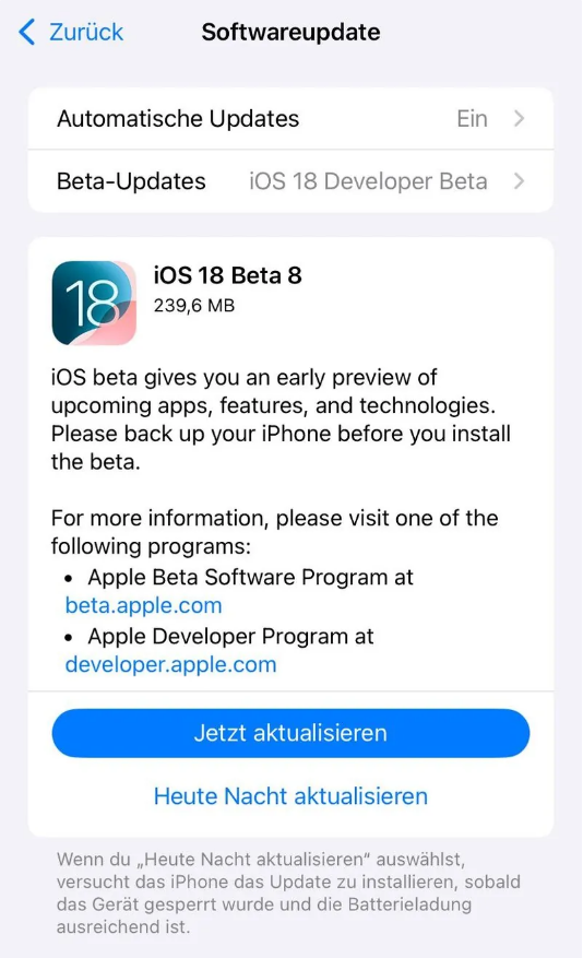 嵊泗苹果手机维修分享苹果 iOS / iPadOS 18 开发者预览版 Beta 8 发布 